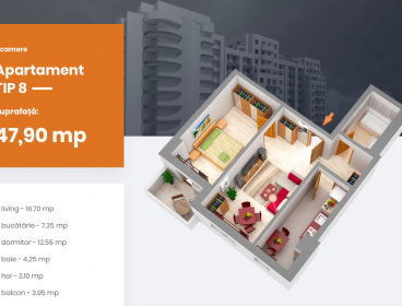 Viva Imobiliare - Apartamente 2 camere de la 43 mp bloc nou Centru - PALAS